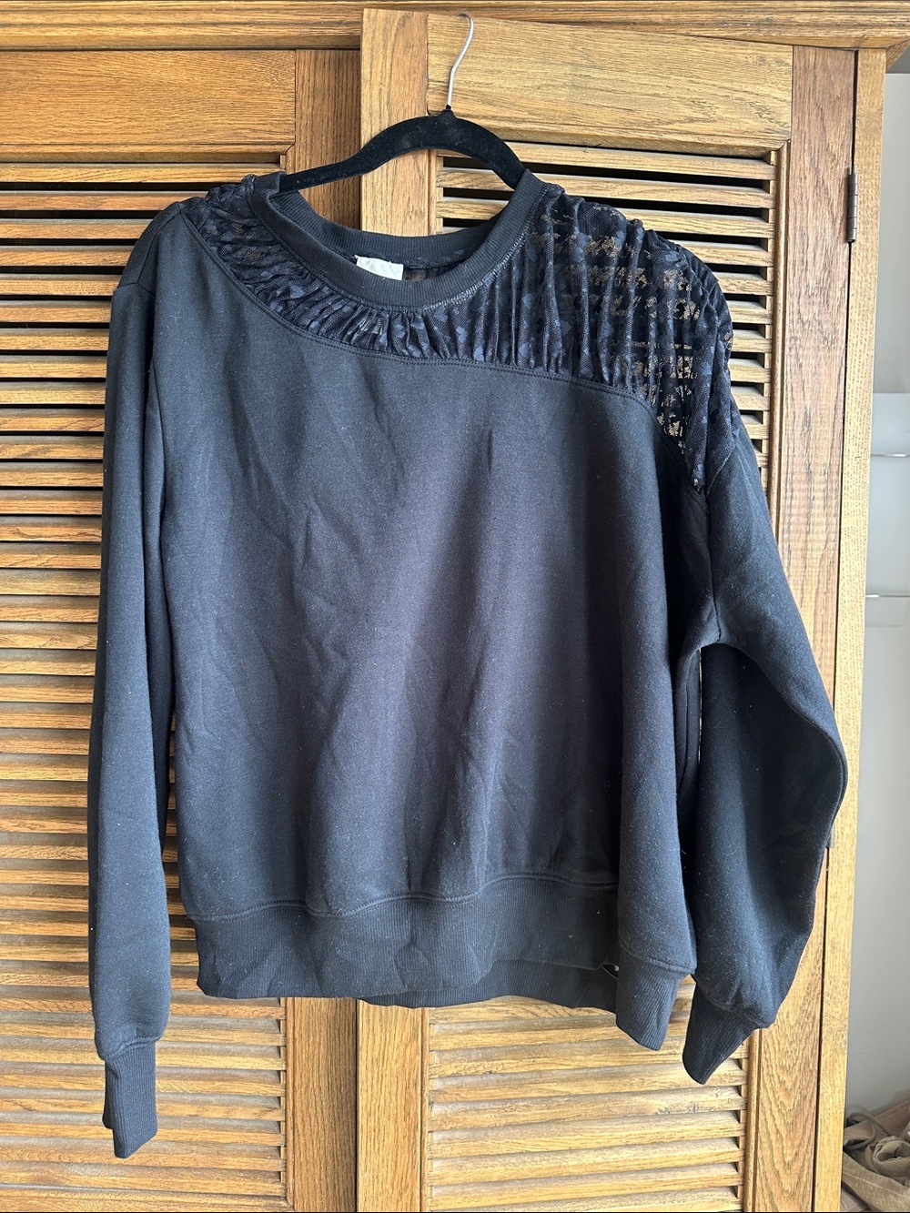 Maeve Black Crewneck Pullover with Lace & Pleated Shoulder